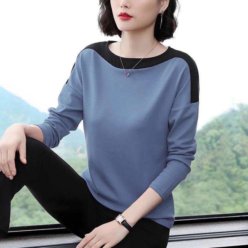 2026 Autumn New Fashion T Shirt Woman O Neck Long Sleeve Plus Size T-shirt Woman European Style Women Oversized Patchwork Shirts