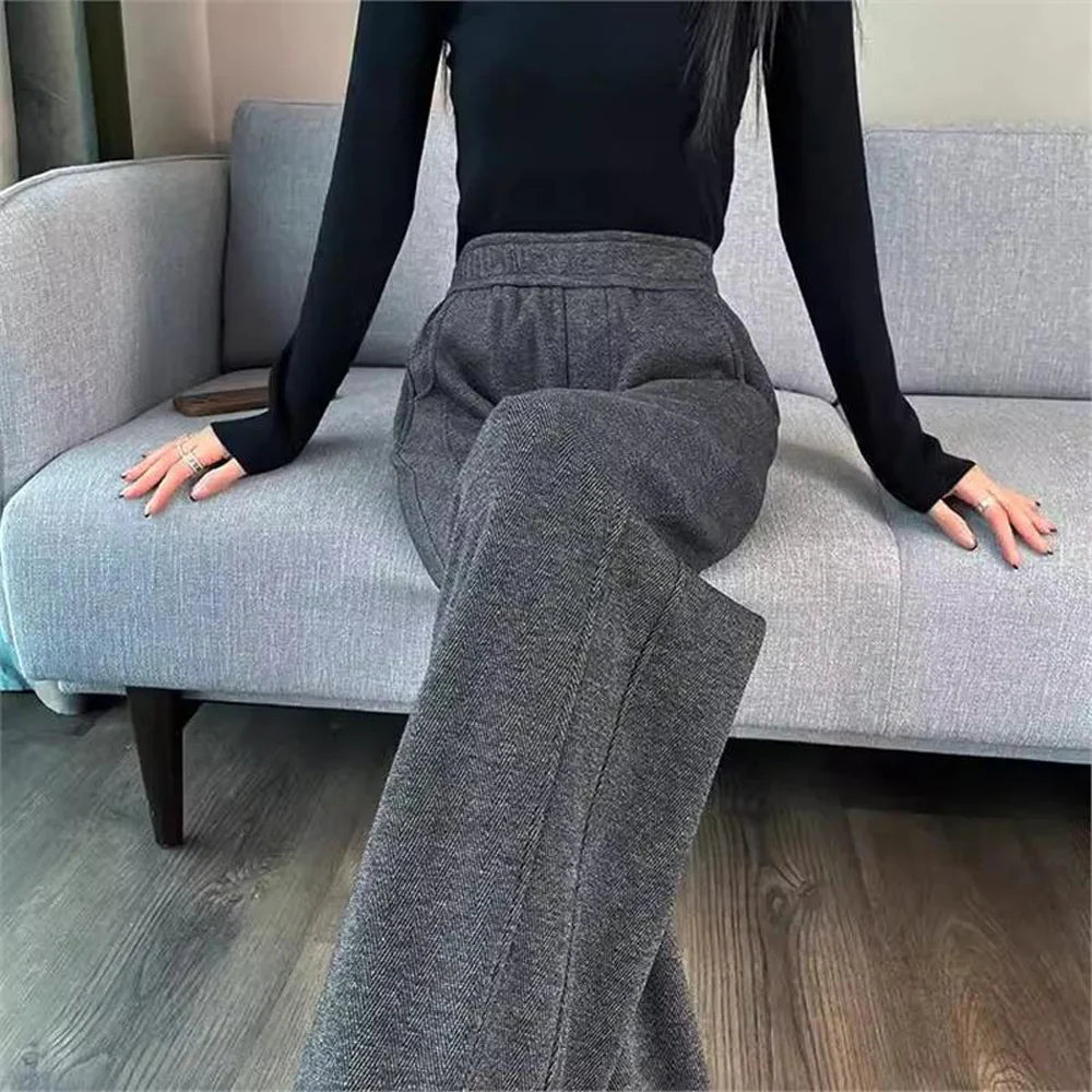 European apricot wide leg pants for women’s autumn new high-end fashion plus size straight leg split casual banana pants