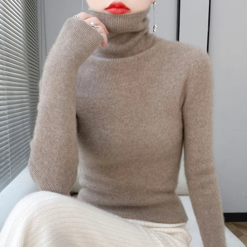 100% Merino Wool Long-sleeved Turtleneck Pullover Women’s Autumn Winter Slim Sweater Basic Women’s Clothes Cashmere Sweate