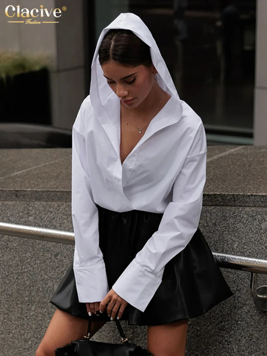Clacive Fashion Loose White Cotton Women’s Shirt 2025 Elegant Hooded Long Sleeve Blouses Streetwear Solid Top Female Clothing