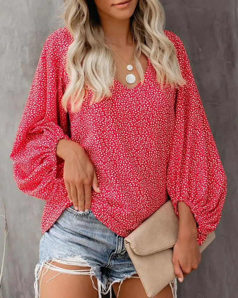 2026 New European and American Cross Boder Spring/Summer/Autumn V-neck Casual Shirt Printed Lantern Sleeve Top Women’s W
