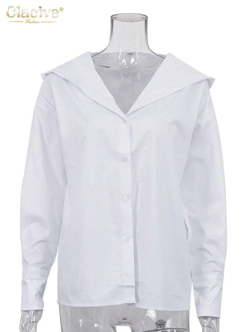 Clacive Fashion Loose White Cotton Women’s Shirt 2025 Elegant Hooded Long Sleeve Blouses Streetwear Solid Top Female Clothing