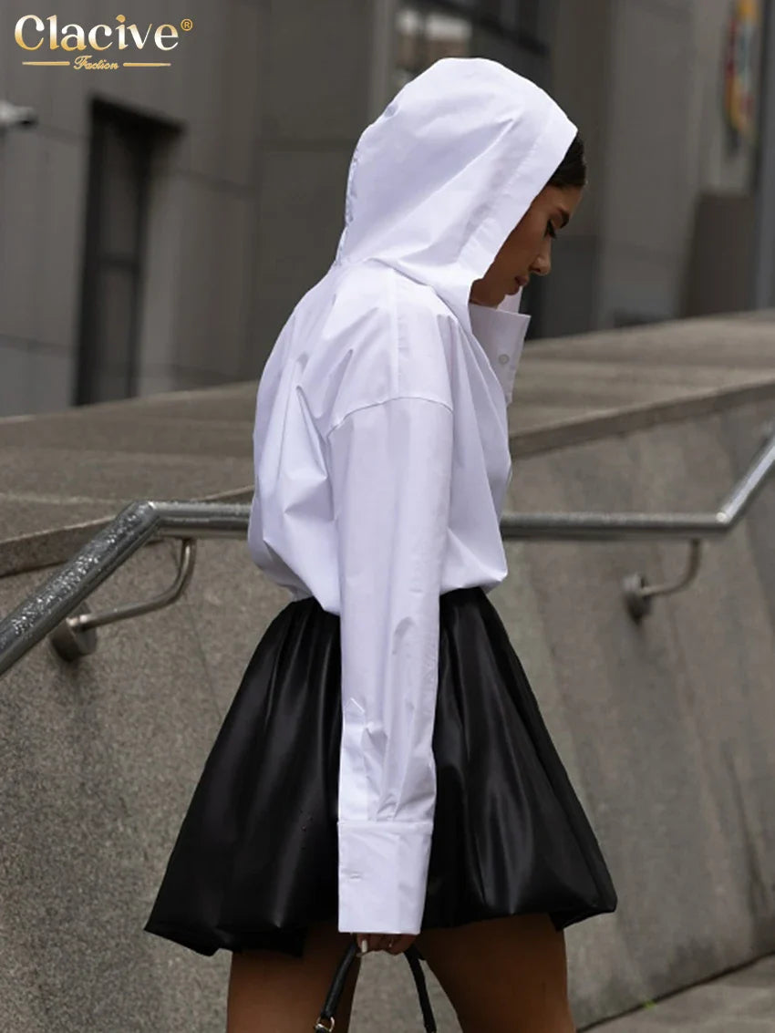 Clacive Fashion Loose White Cotton Women’s Shirt 2025 Elegant Hooded Long Sleeve Blouses Streetwear Solid Top Female Clothing