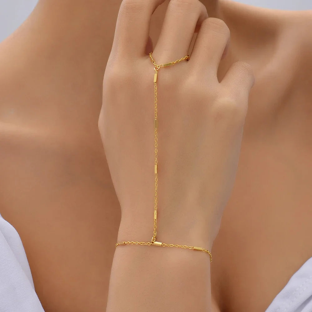 Creative Tiny Chain Bracelet Finger Rings For Women Gold Color Link Chains Connecting Hand Harness Bracelets Jewelry Gift