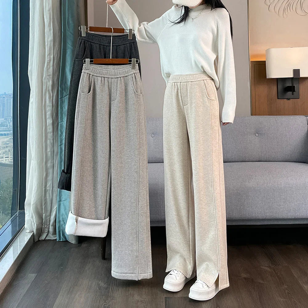 European apricot wide leg pants for women’s autumn new high-end fashion plus size straight leg split casual banana pants