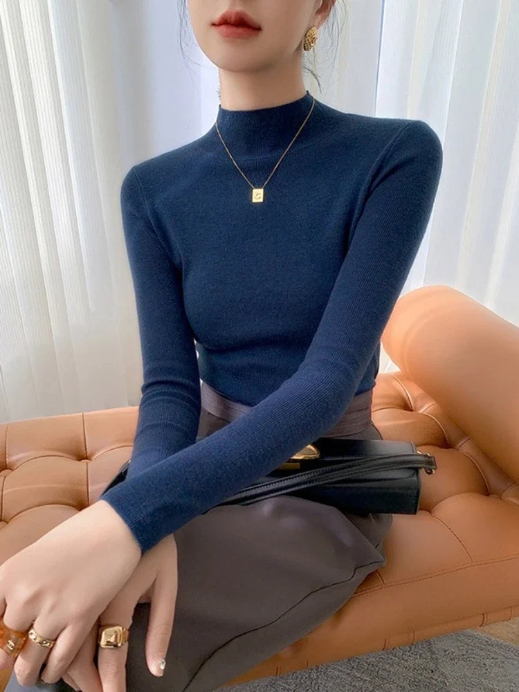 2026 Vintage Basic Solid Knitted Tops Autumn Winter Women Sweater Casual Slim Turtleneck Pullovers Korean Simple Chic Sweate