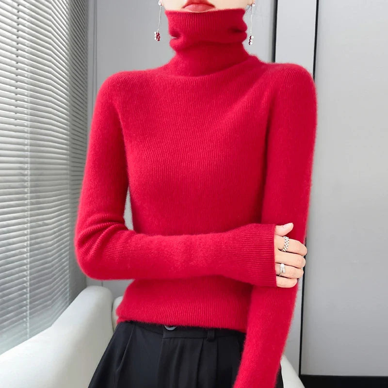 100% Merino Wool Long-sleeved Turtleneck Pullover Women’s Autumn Winter Slim Sweater Basic Women’s Clothes Cashmere Sweate