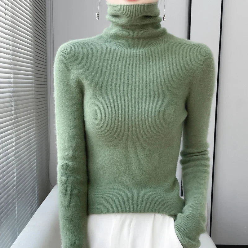 100% Merino Wool Long-sleeved Turtleneck Pullover Women’s Autumn Winter Slim Sweater Basic Women’s Clothes Cashmere Sweate