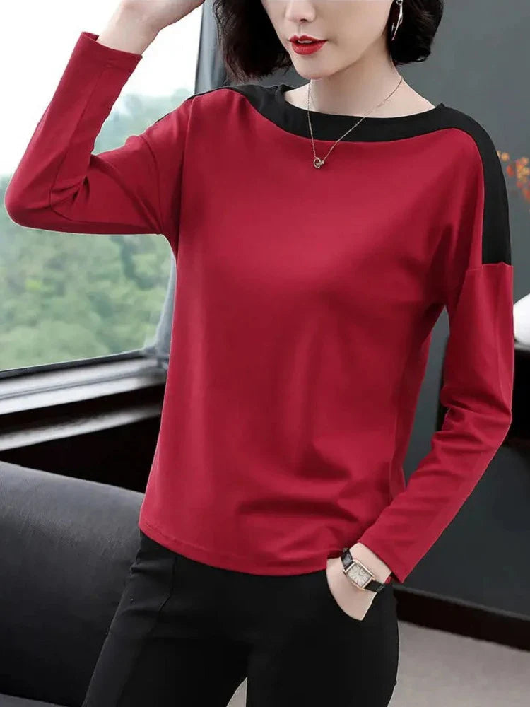 2026 Autumn New Fashion T Shirt Woman O Neck Long Sleeve Plus Size T-shirt Woman European Style Women Oversized Patchwork Shirts