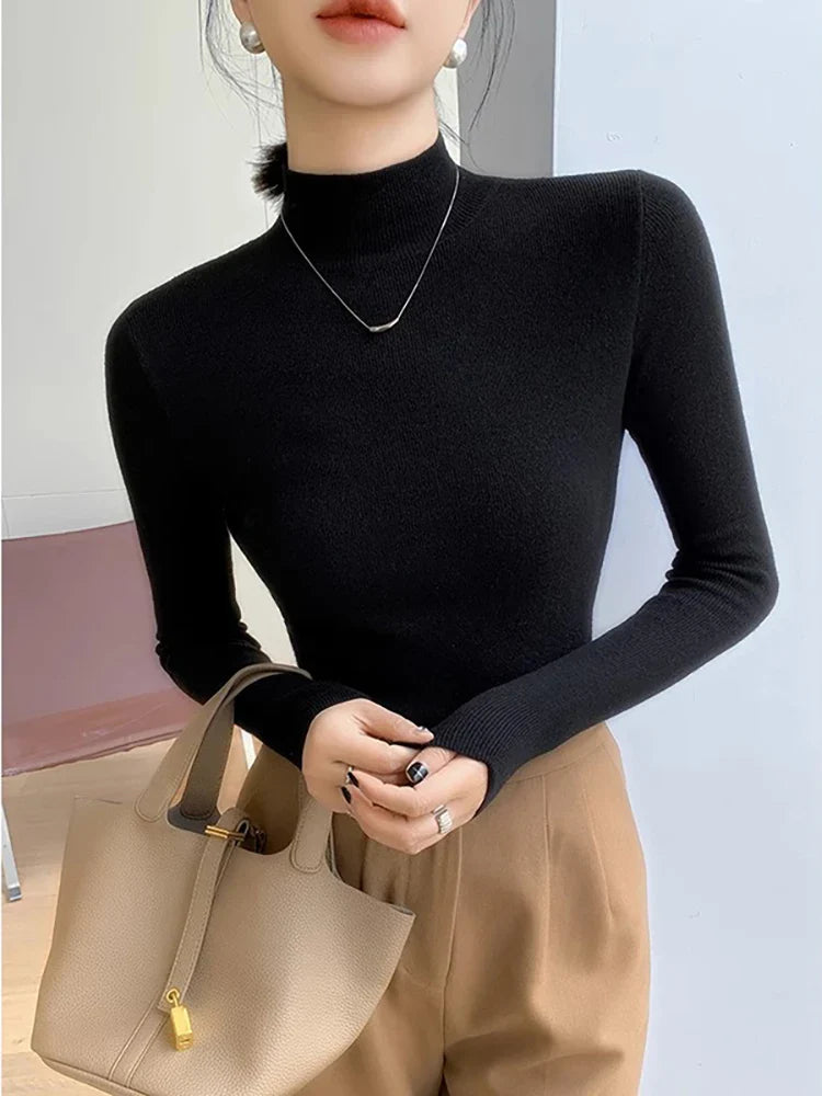 2026 Vintage Basic Solid Knitted Tops Autumn Winter Women Sweater Casual Slim Turtleneck Pullovers Korean Simple Chic Sweate