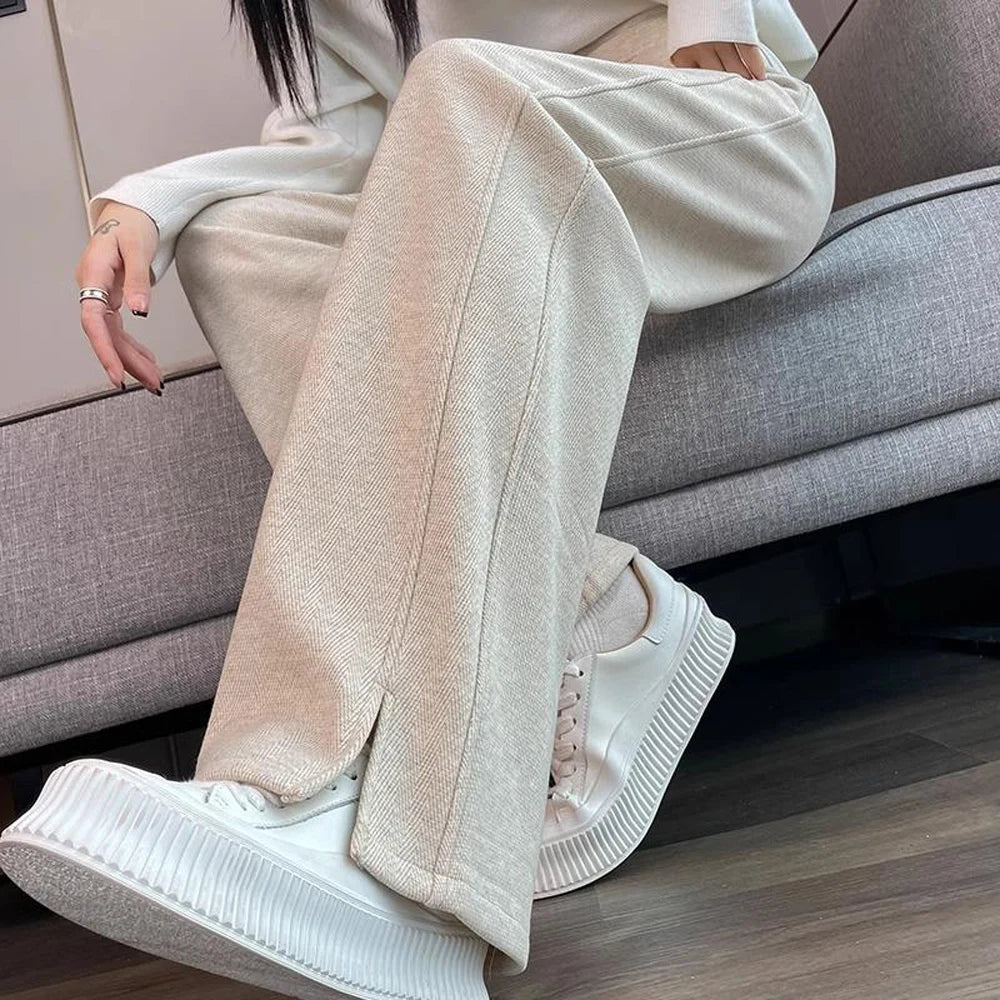 European apricot wide leg pants for women’s autumn new high-end fashion plus size straight leg split casual banana pants