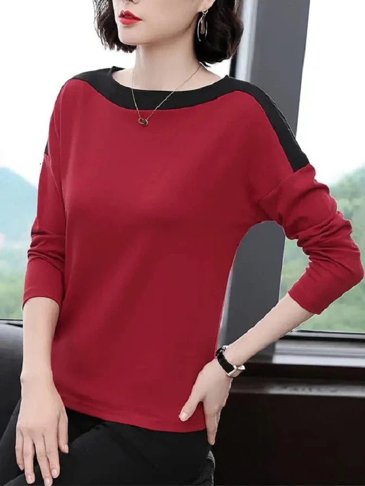 2026 Autumn New Fashion T Shirt Woman O Neck Long Sleeve Plus Size T-shirt Woman European Style Women Oversized Patchwork Shirts