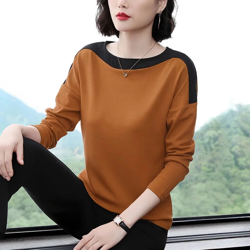2026 Autumn New Fashion T Shirt Woman O Neck Long Sleeve Plus Size T-shirt Woman European Style Women Oversized Patchwork Shirts